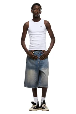 MULTI LABEL DENIM SHORTS MEDIUM BLUE