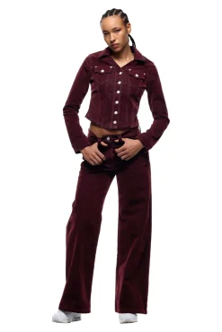 WMNS VELVET DENIM JACKET BORDEAUX RED